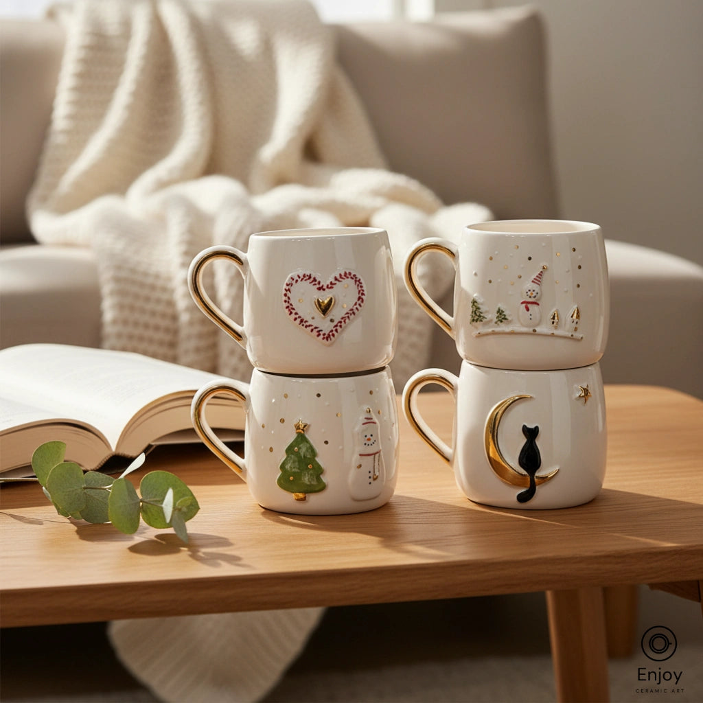 Handmade Christmas Mug Set (4-Piece, 10oz) – Heart, Snowman, Tree & Moon Cat Holiday Mugs