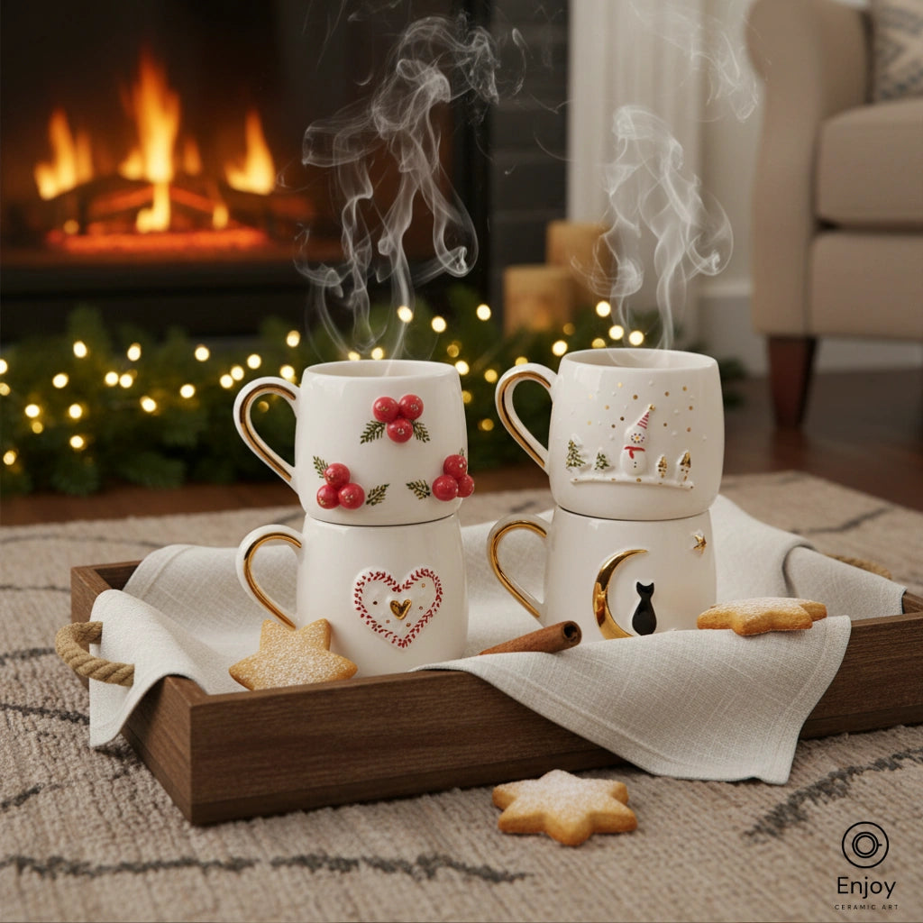 Handmade Christmas Mug Set (4-Piece, 10oz) – Holly Berries, Snowman, Heart & Cat Moon Mugs
