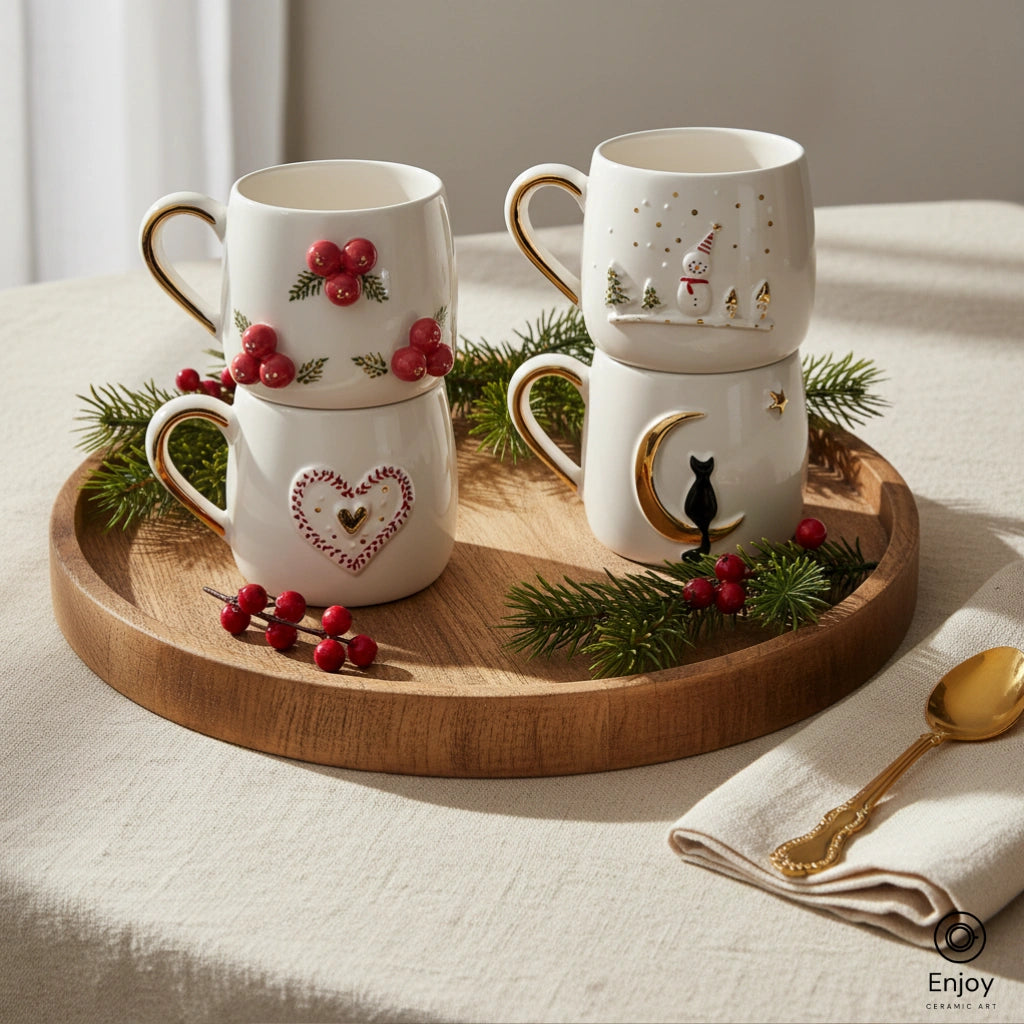 Handmade Christmas Mug Set (4-Piece, 10oz) – Holly Berries, Snowman, Heart & Cat Moon Mugs