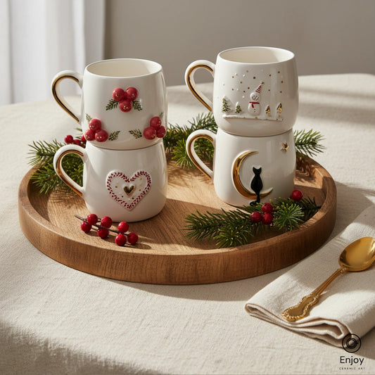 Handmade Christmas Mug Set (4-Piece, 10oz) – Holly Berries, Snowman, Heart & Cat Moon Mugs