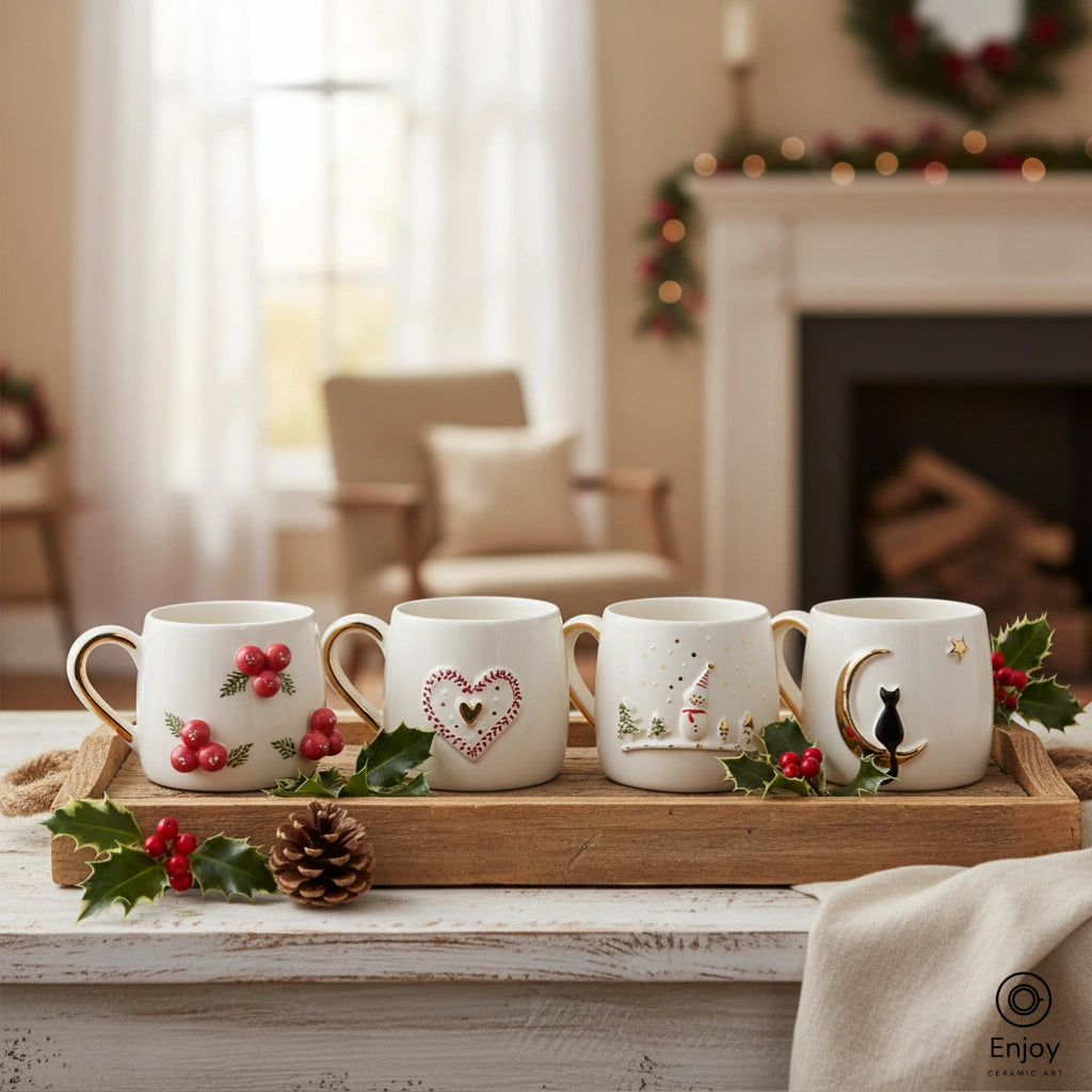 Handmade Christmas Mug Set (4-Piece, 10oz) – Holly Berries, Snowman, Heart & Cat Moon Mugs