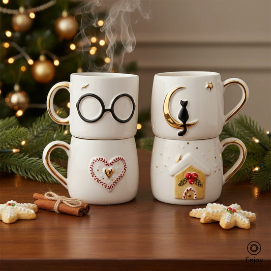 Handmade Christmas Mug Set (4-Piece, 10oz) – Wizard Glasses, Cat on Moon, Heart, and Gingerbread House Holiday Mugs