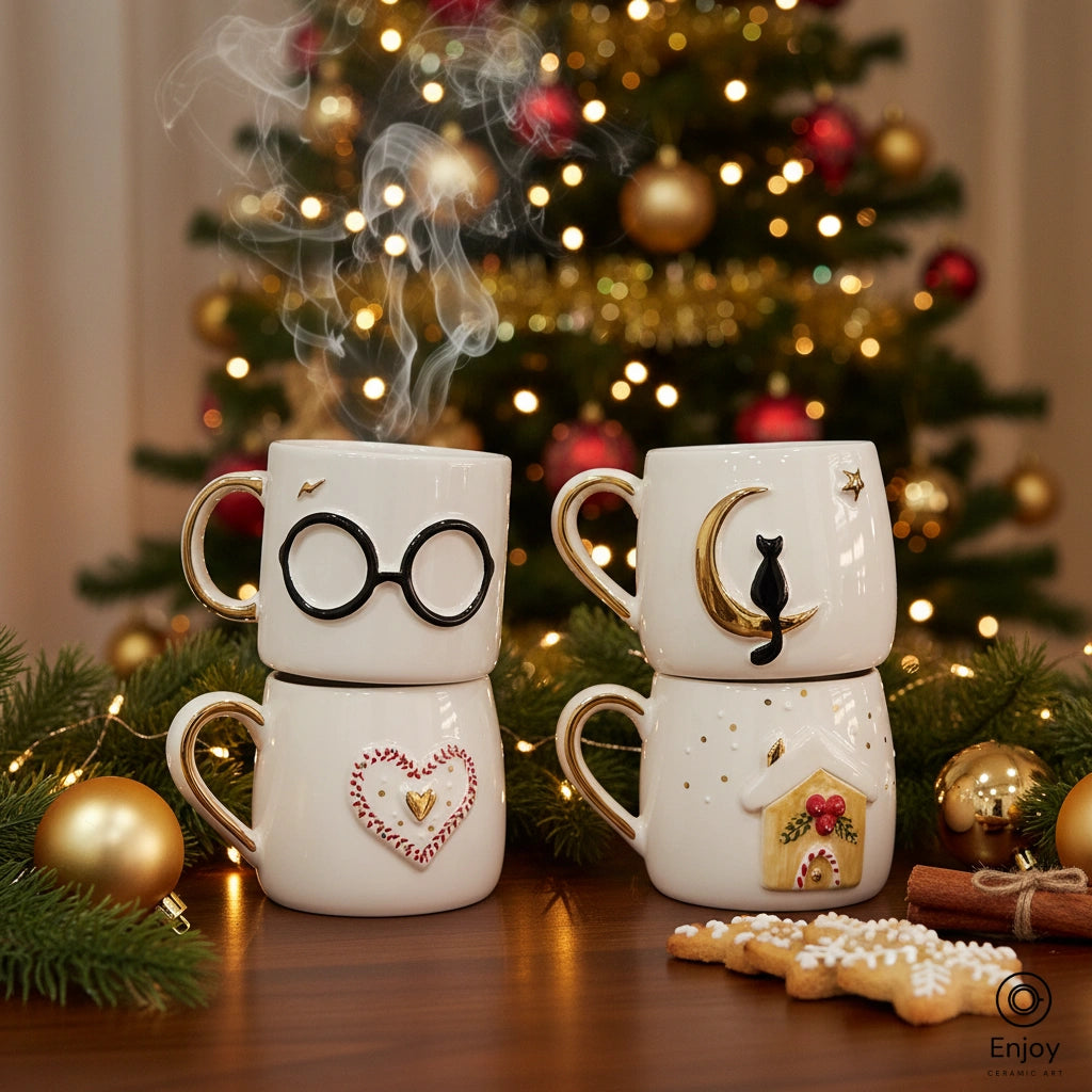 Handmade Christmas Mug Set (4-Piece, 10oz) – Wizard Glasses, Cat on Moon, Heart, and Gingerbread House Holiday Mugs