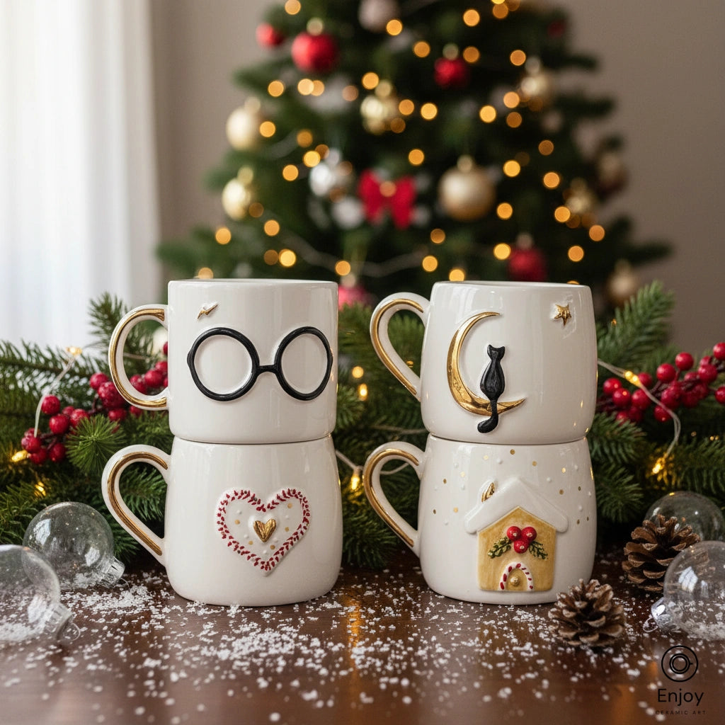 Handmade Christmas Mug Set (4-Piece, 10oz) – Wizard Glasses, Cat on Moon, Heart, and Gingerbread House Holiday Mugs