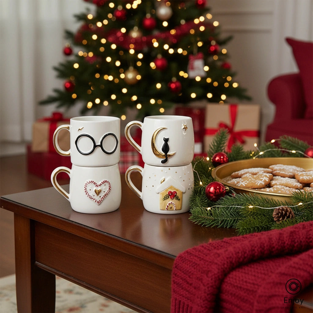 Handmade Christmas Mug Set (4-Piece, 10oz) – Wizard Glasses, Cat on Moon, Heart, and Gingerbread House Holiday Mugs