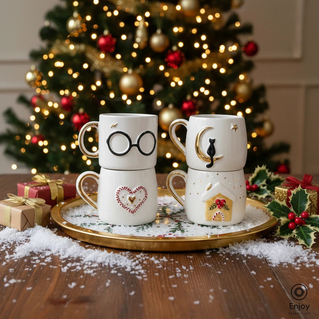 Handmade Christmas Mug Set (4-Piece, 10oz) – Wizard Glasses, Cat on Moon, Heart, and Gingerbread House Holiday Mugs