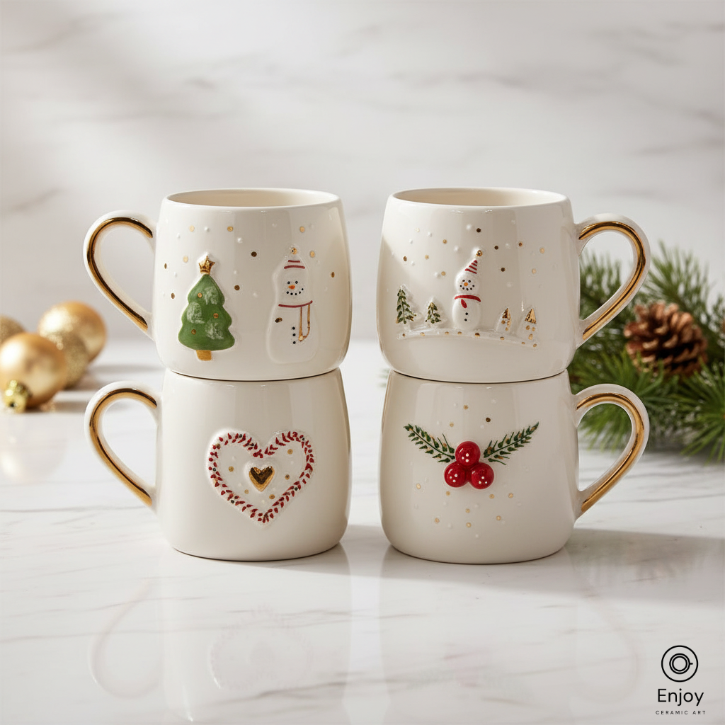 Handmade Christmas Mug Set – Festive 3D Snowman, Heart, Tree & Winter Designs (Set of 4, 10oz)