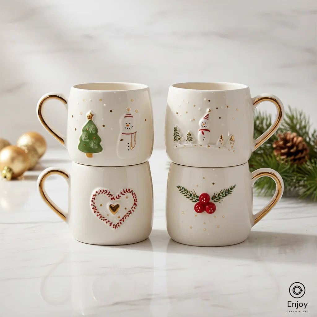 Handmade Christmas Mug Set – Festive 3D Snowman, Heart, Tree & Winter Designs (Set of 4, 10oz)