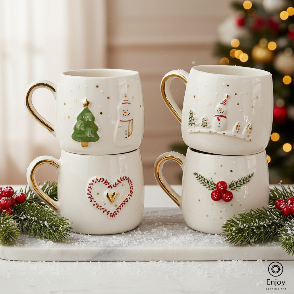 Handmade Christmas Mug Set – Festive 3D Snowman, Heart, Tree & Winter Designs (Set of 4, 10oz)
