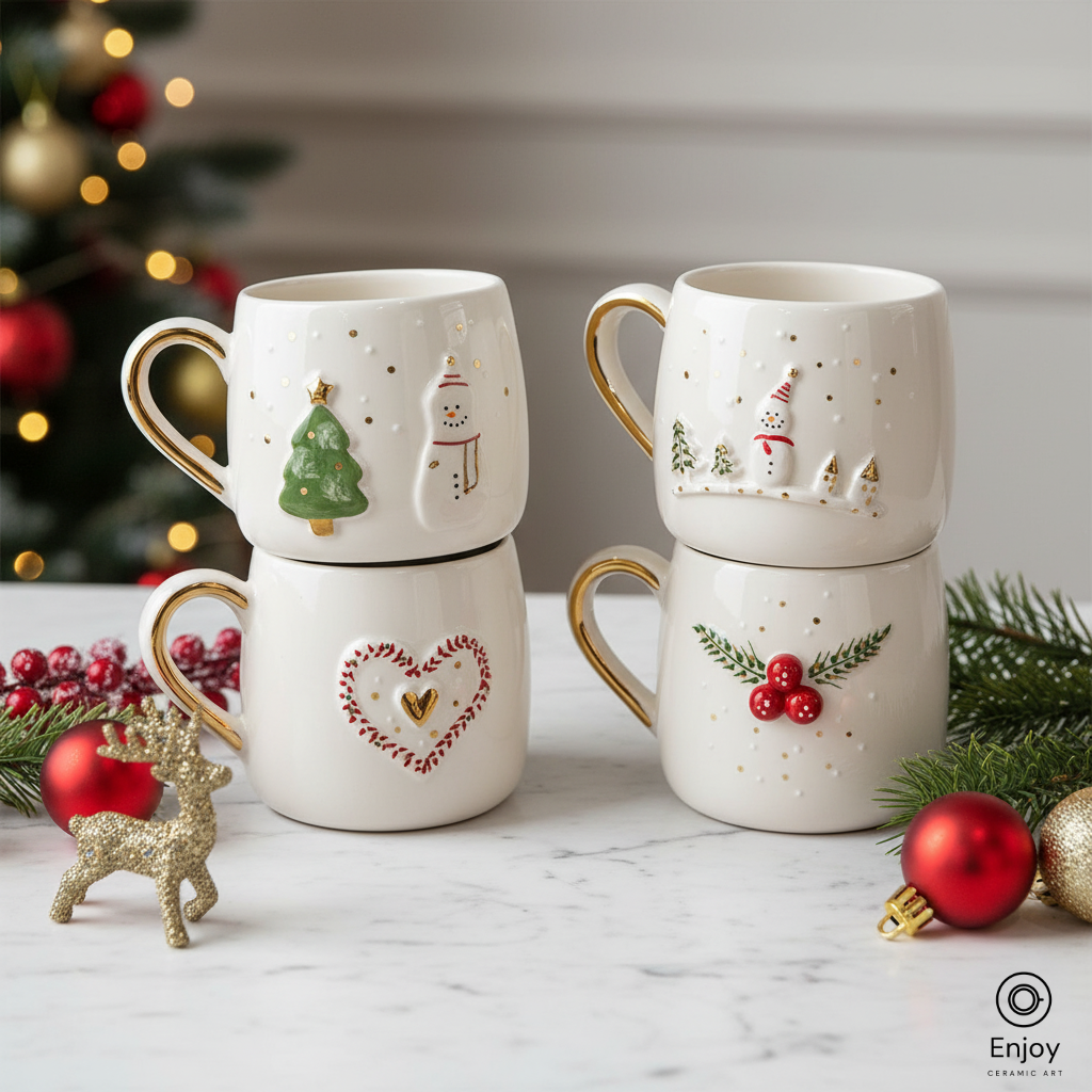 Handmade Christmas Mug Set – Festive 3D Snowman, Heart, Tree & Winter Designs (Set of 4, 10oz)