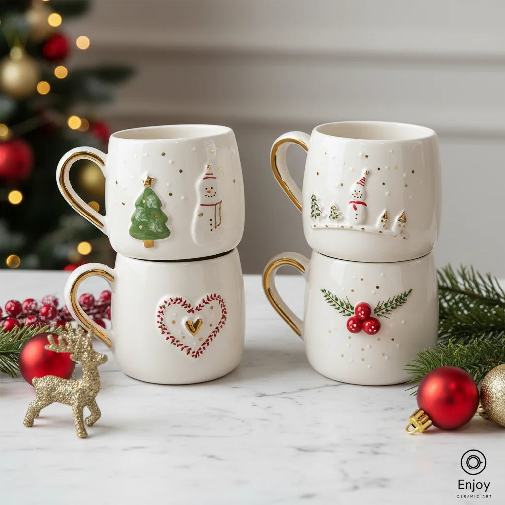 Handmade Christmas Mug Set – Festive 3D Snowman, Heart, Tree & Winter Designs (Set of 4, 10oz)