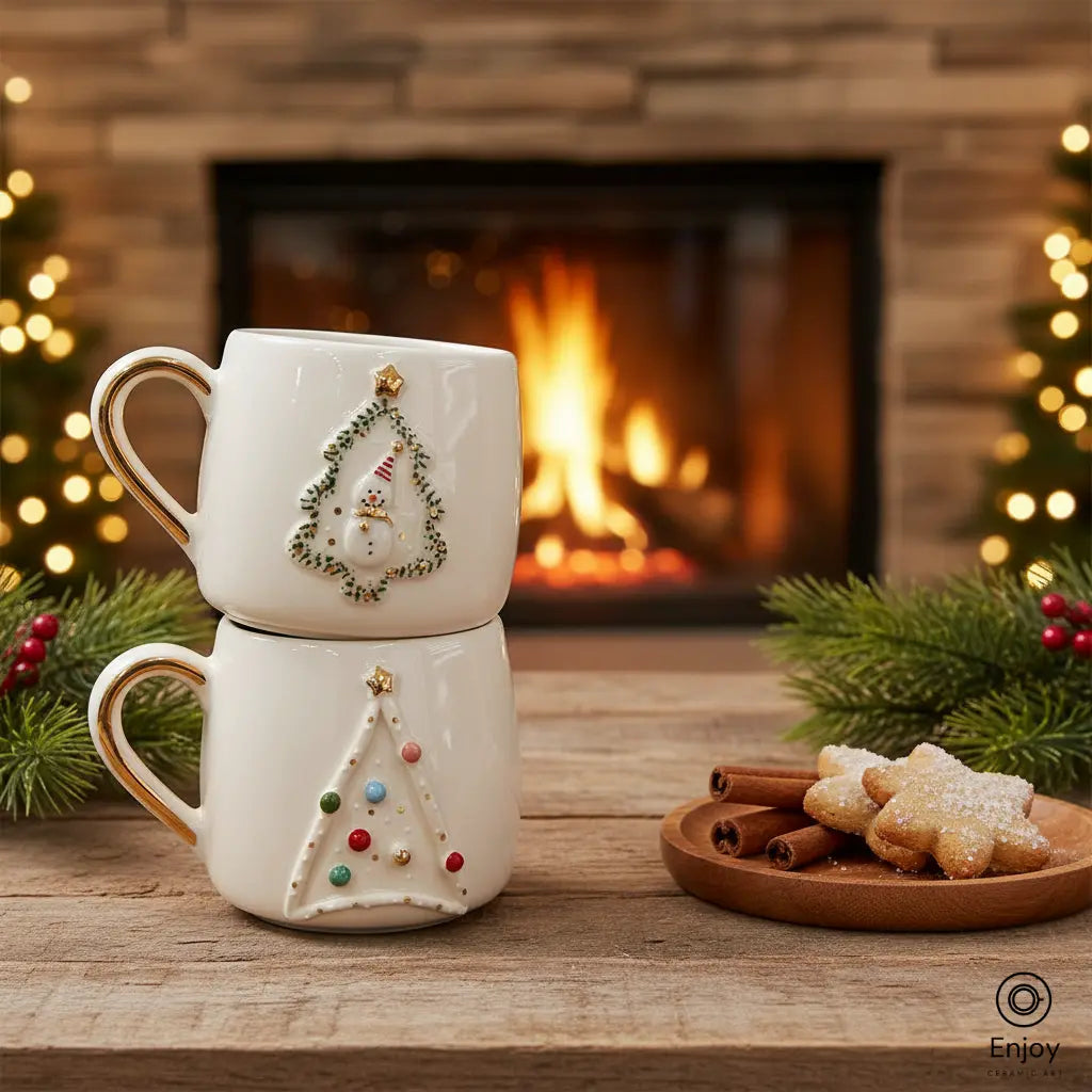Handmade Christmas Mug Set – Snowman Tree & Ornament Tree (10oz, Set of 2)