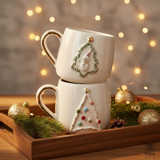 Handmade Christmas Mug Set – Snowman Tree & Ornament Tree (10oz, Set of 2)