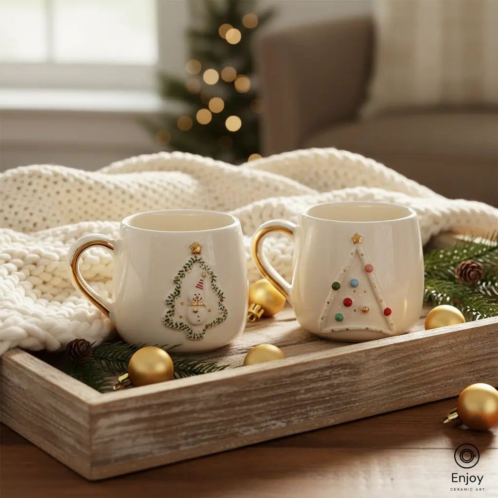 Handmade Christmas Mug Set – Snowman Tree & Ornament Tree (10oz, Set of 2)