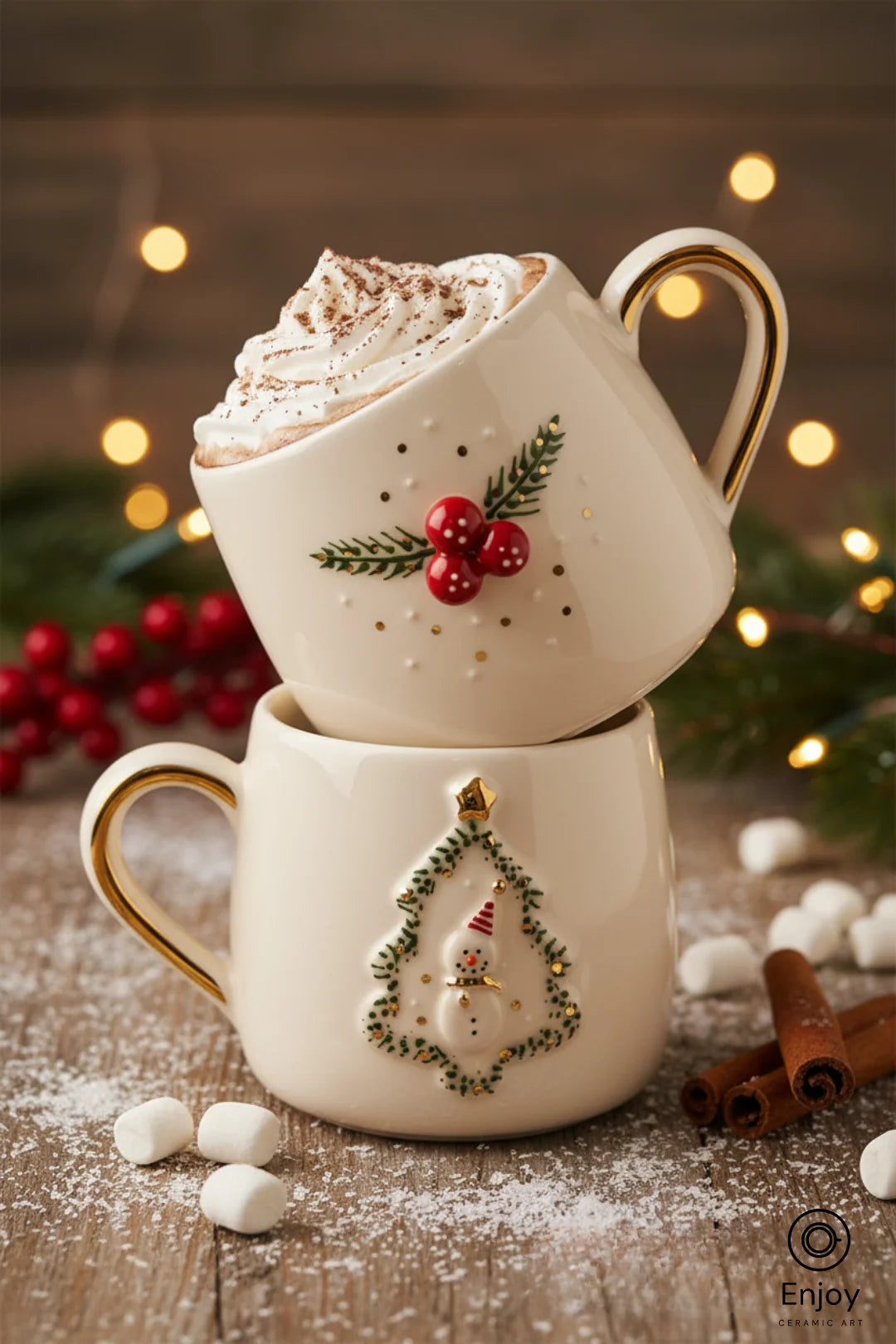 Handmade Christmas Mug Set of 2 – Snowman Tree & Winterberry Designs (10oz)