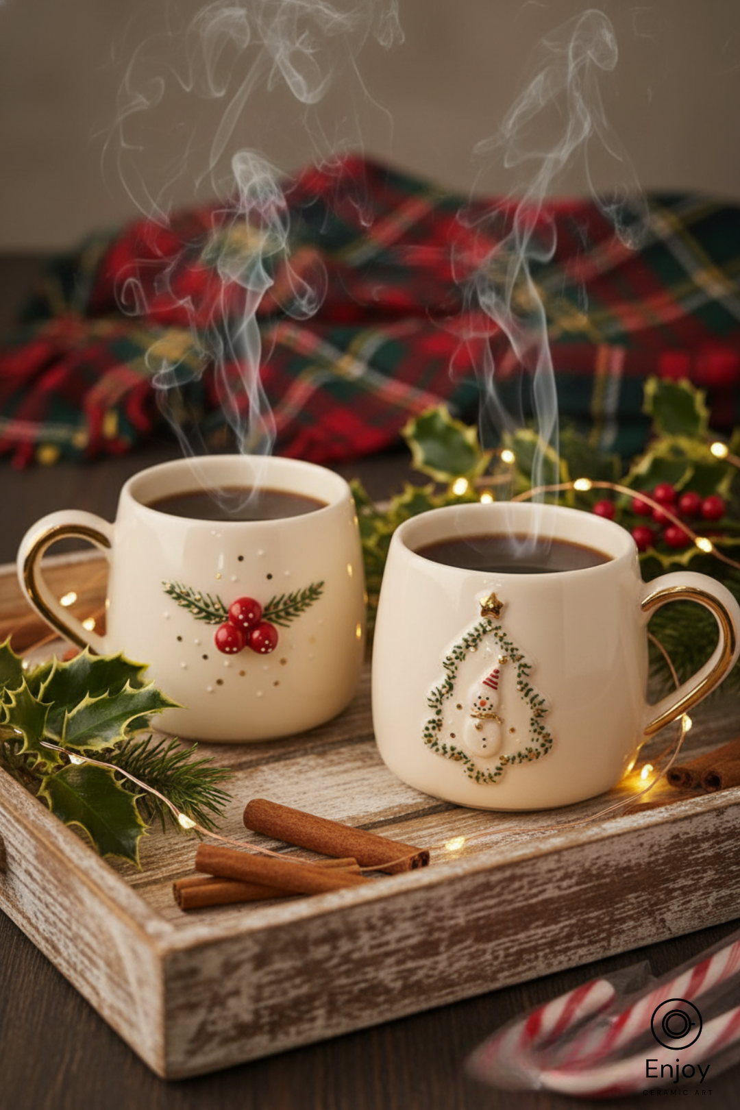 Two mugs of steaming hot chocolate on a wooden tray with Christmas decorations.