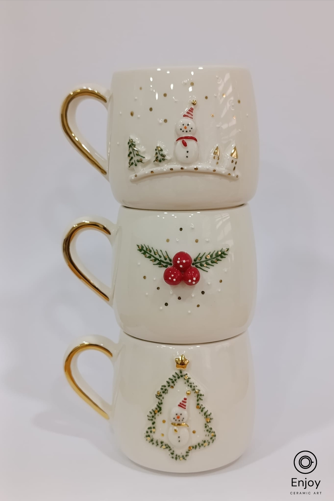 Handmade Christmas Mug Set of 3 – Snowman, Winter Village & Winterberry Designs (10oz)