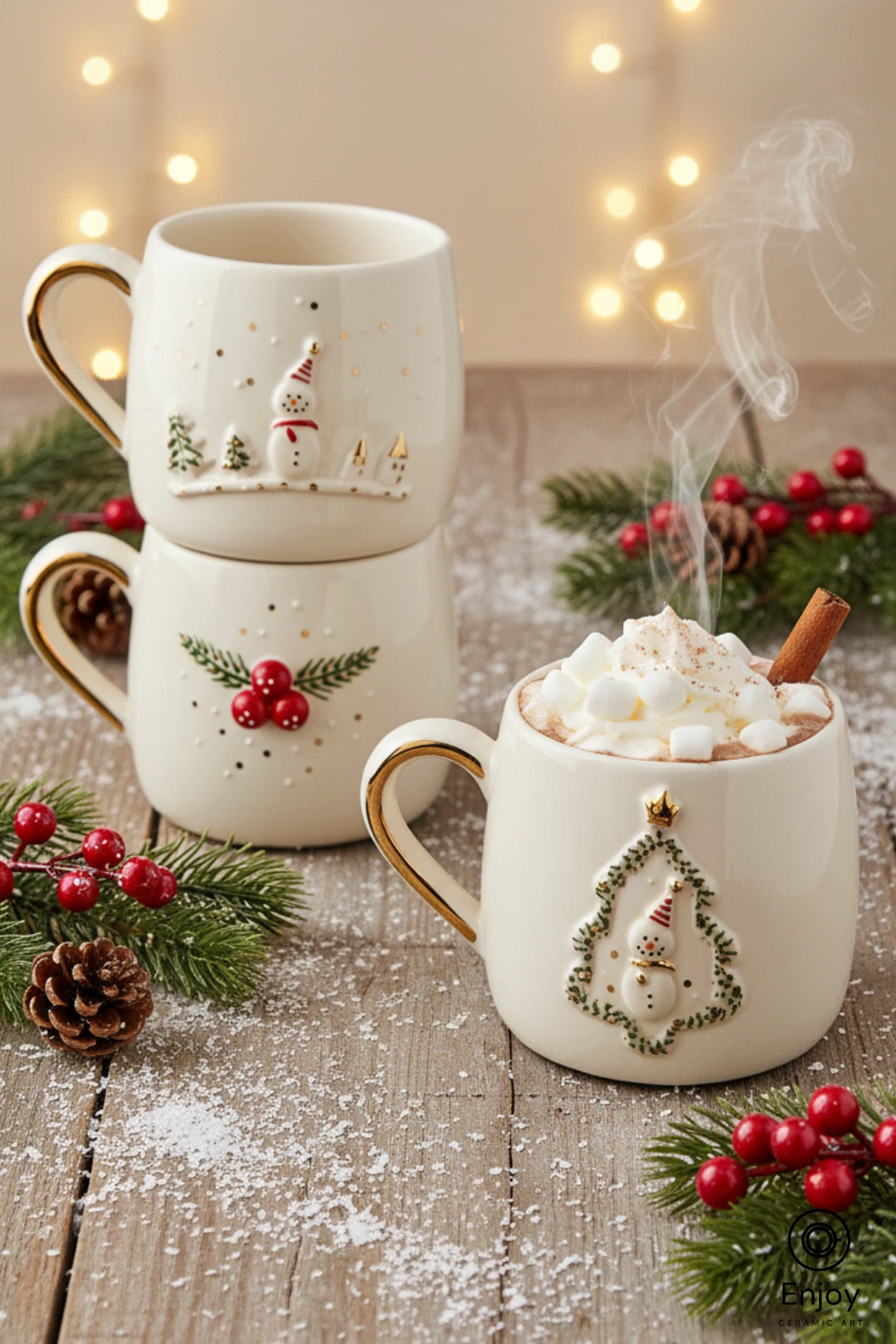 Handmade Christmas Mug Set of 3 – Snowman, Winterberry & Tree Designs (10oz)