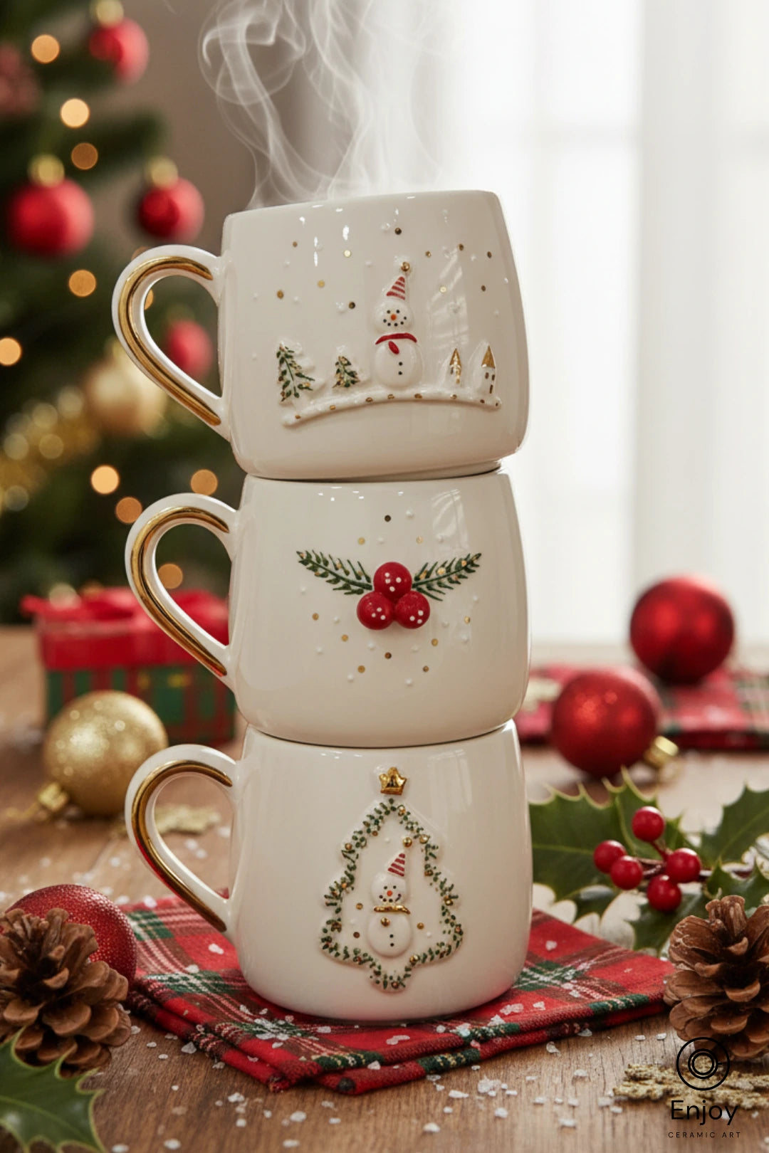 Handmade Christmas Mug Set of 3 – Snowman, Winterberry & Tree Designs (10oz)