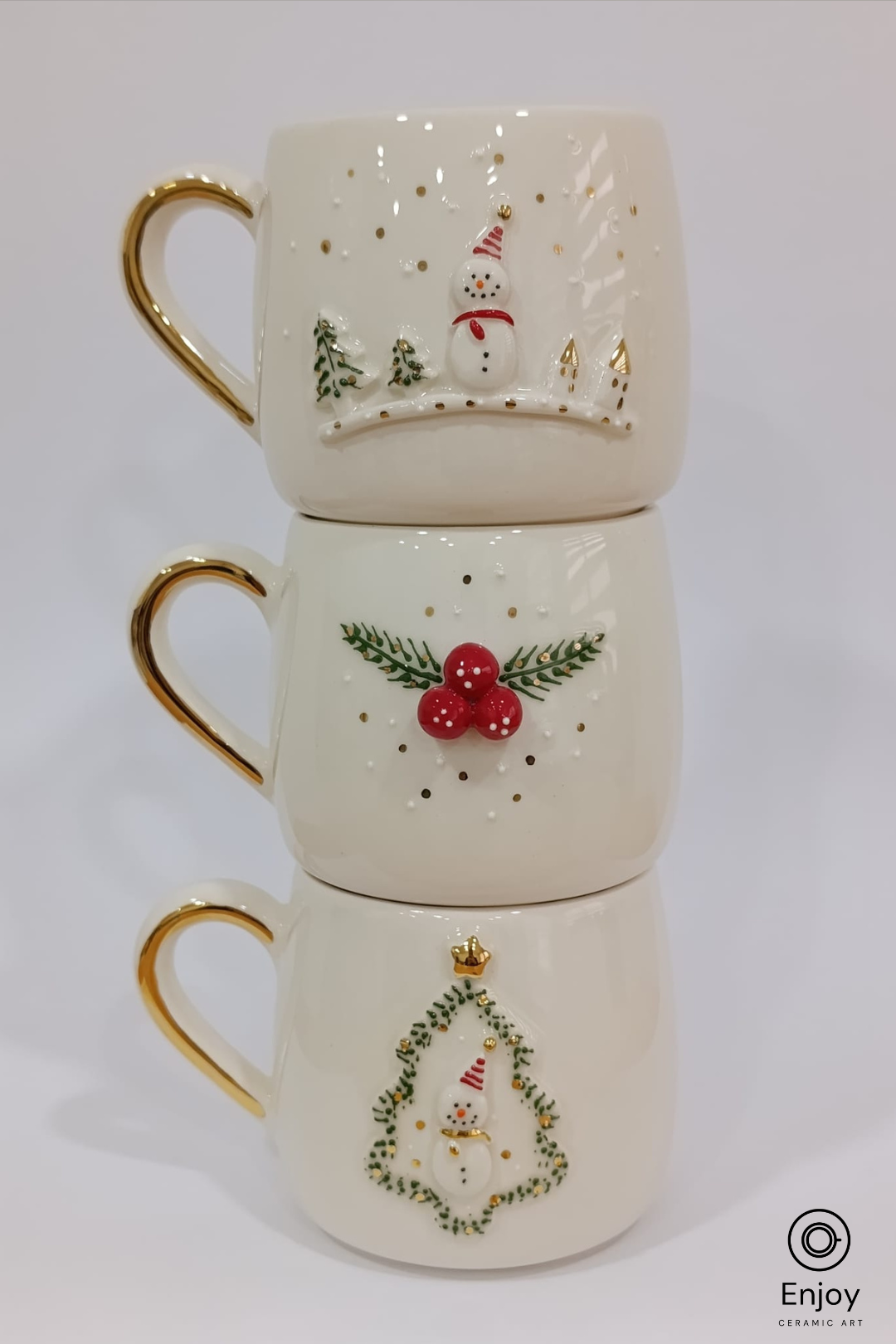 Handmade Christmas Mug Set of 3 – Snowman, Winterberry & Tree Designs (10oz)