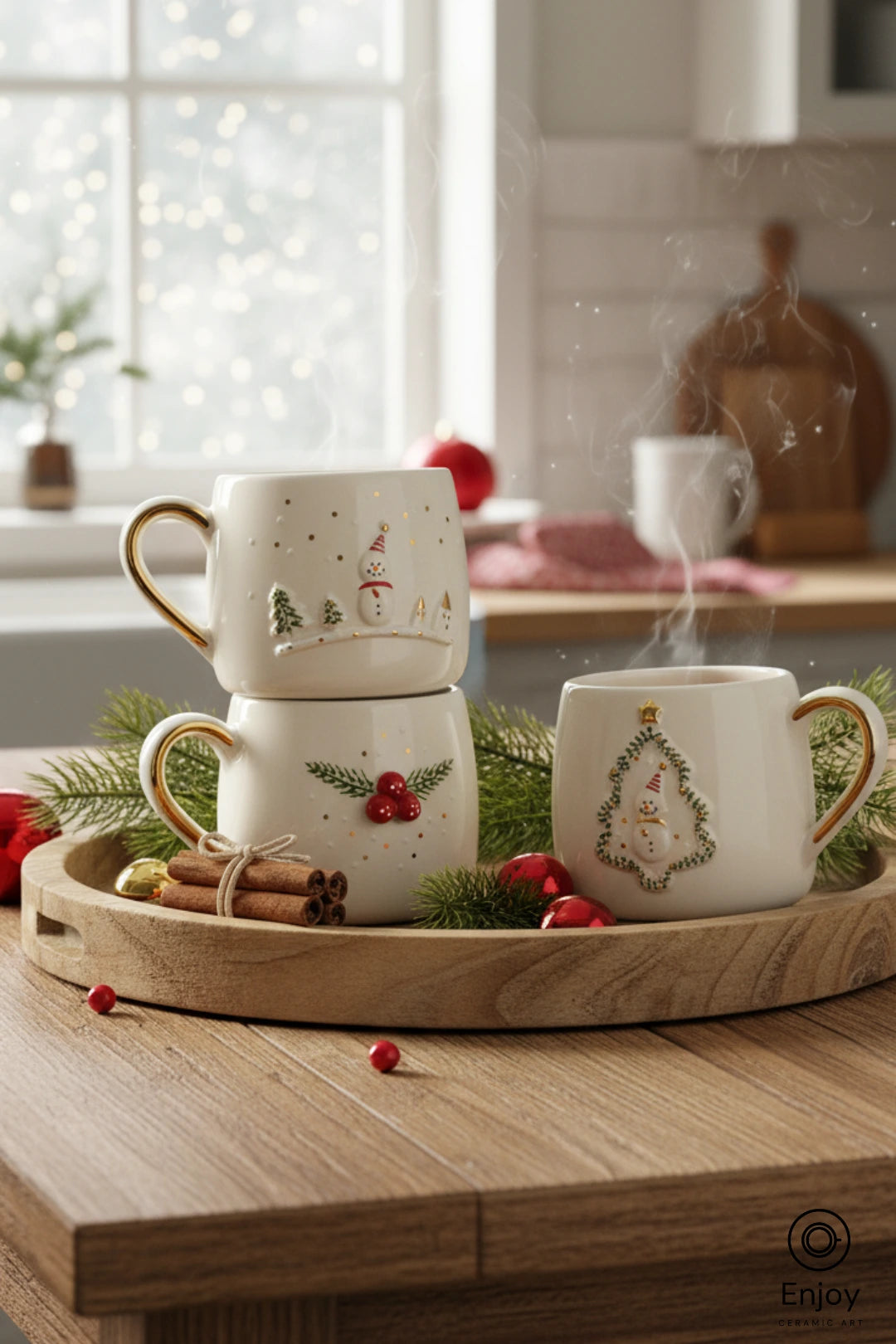 Handmade Christmas Mug Set of 3 – Snowman, Winterberry & Tree Designs (10oz)