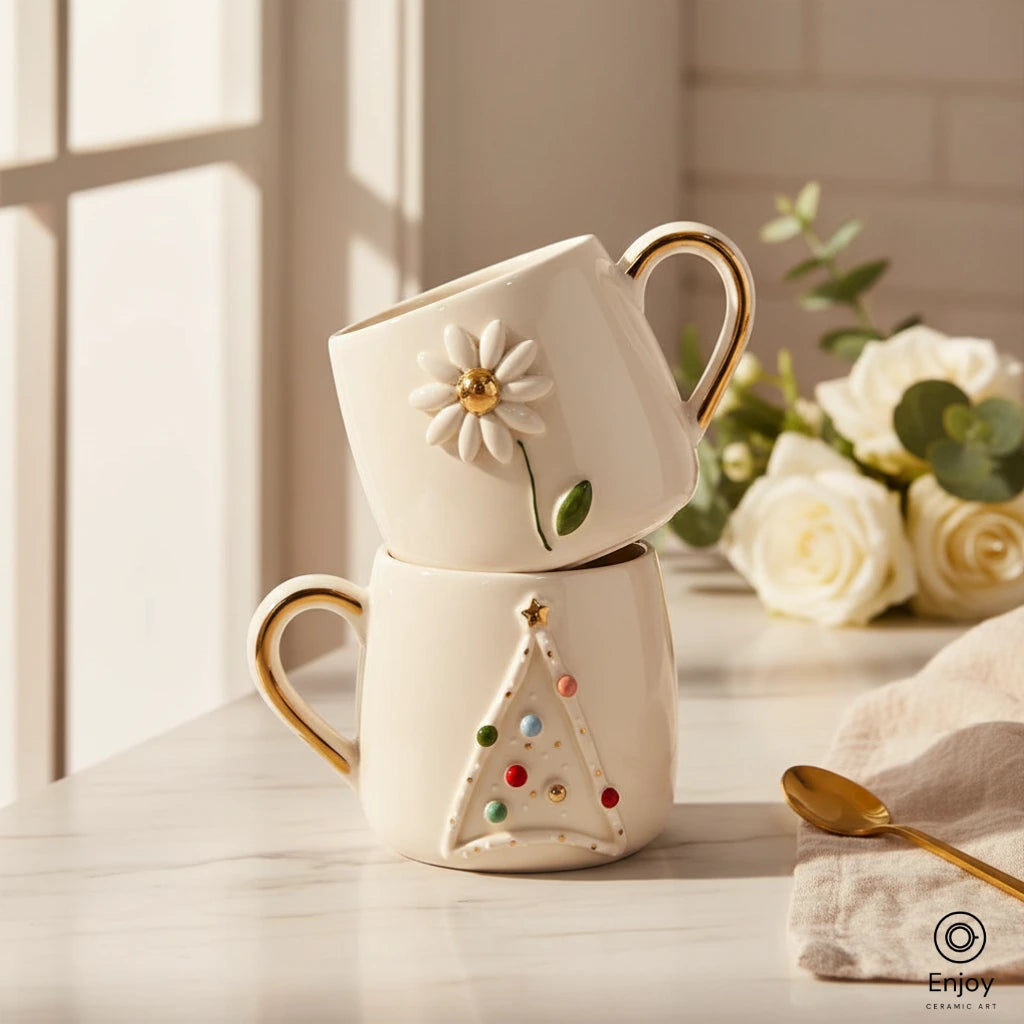 Handmade Daisy & Christmas Tree Mug Set – 10oz Ceramic Mugs with 3D Designs & Gold Accents