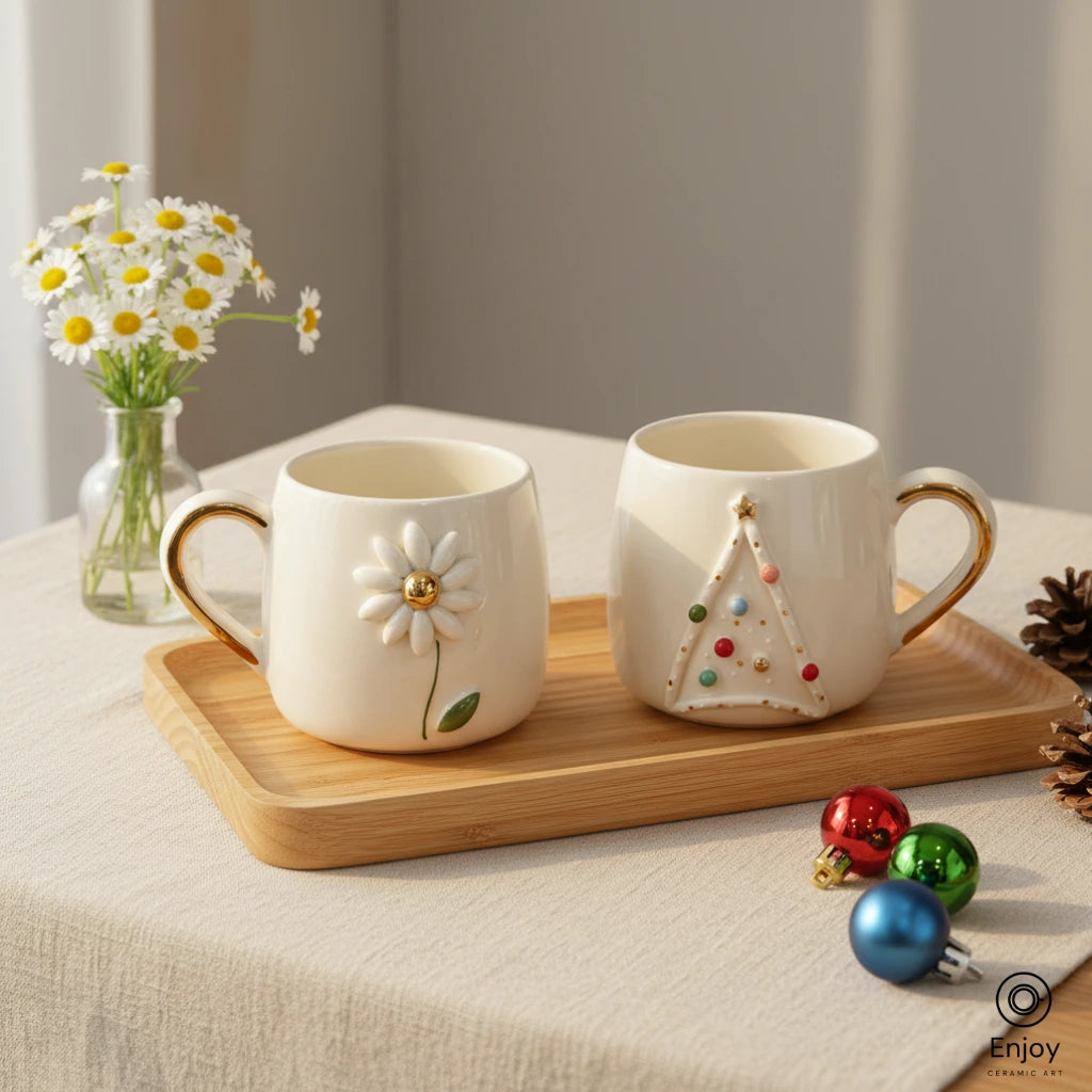 Handmade Daisy & Christmas Tree Mug Set – 10oz Ceramic Mugs with 3D Designs & Gold Accents