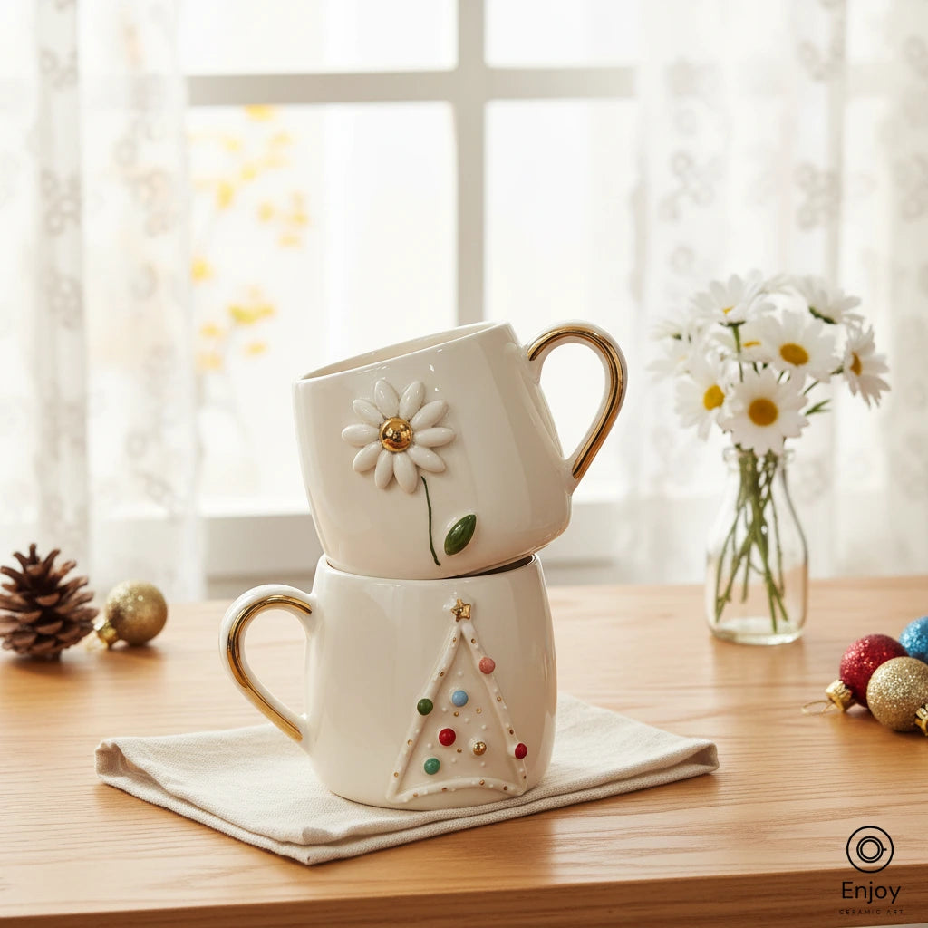 Handmade Daisy & Christmas Tree Mug Set – 10oz Ceramic Mugs with 3D Designs & Gold Accents