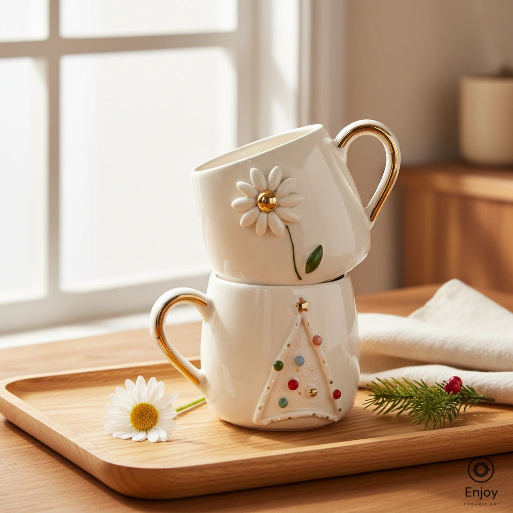 Handmade Daisy & Christmas Tree Mug Set – 10oz Ceramic Mugs with 3D Designs & Gold Accents