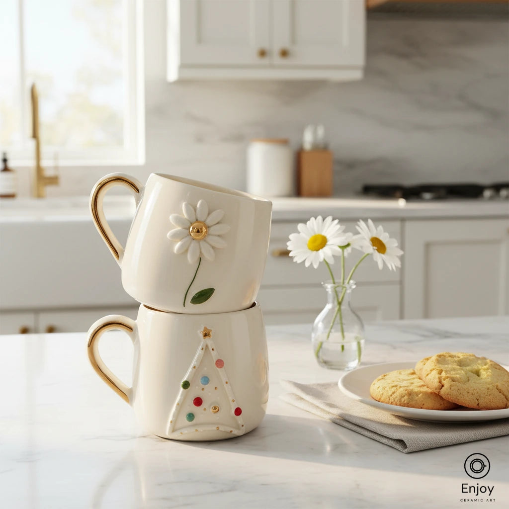 Handmade Daisy & Christmas Tree Mug Set – 10oz Ceramic Mugs with 3D Designs & Gold Accents