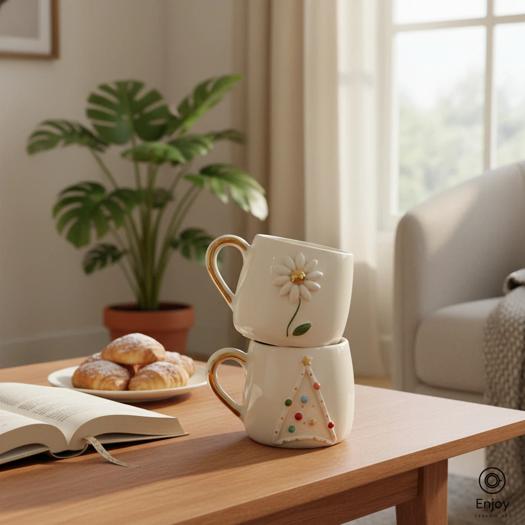 Handmade Daisy & Christmas Tree Mug Set – 10oz Ceramic Mugs with 3D Designs & Gold Accents