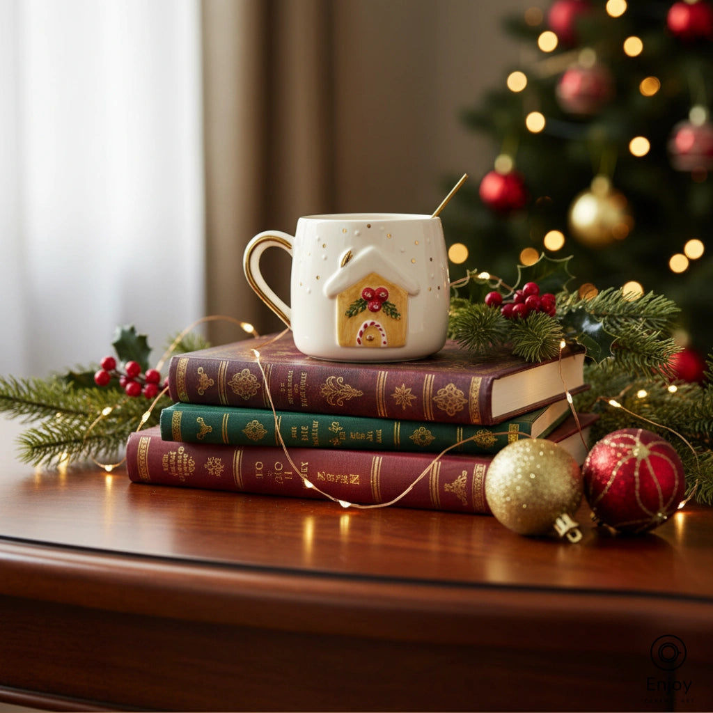 Handmade Gingerbread House Christmas Mug - 10oz with Gold Handle