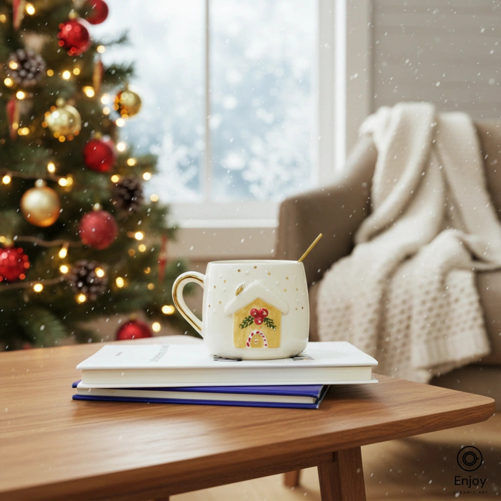 Handmade Gingerbread House Christmas Mug - 10oz with Gold Handle