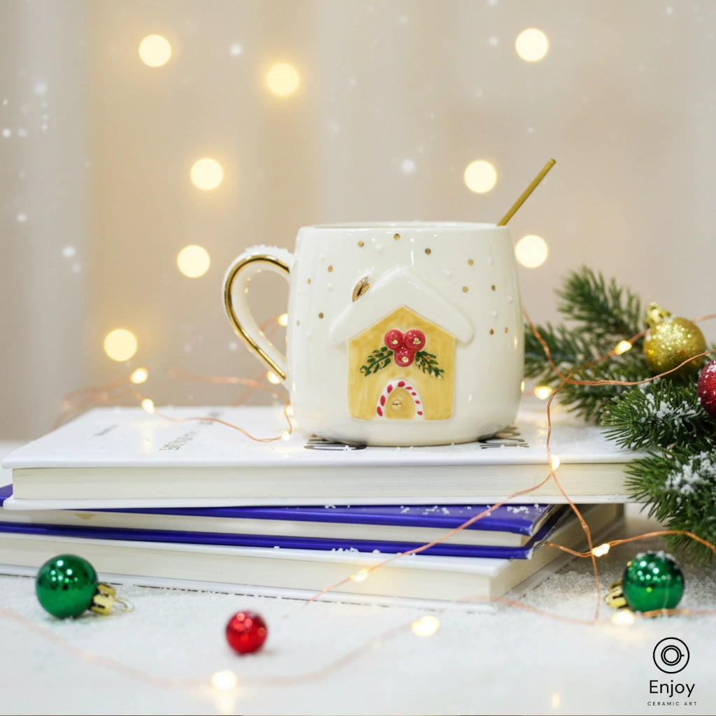 Handmade Gingerbread House Christmas Mug - 10oz with Gold Handle