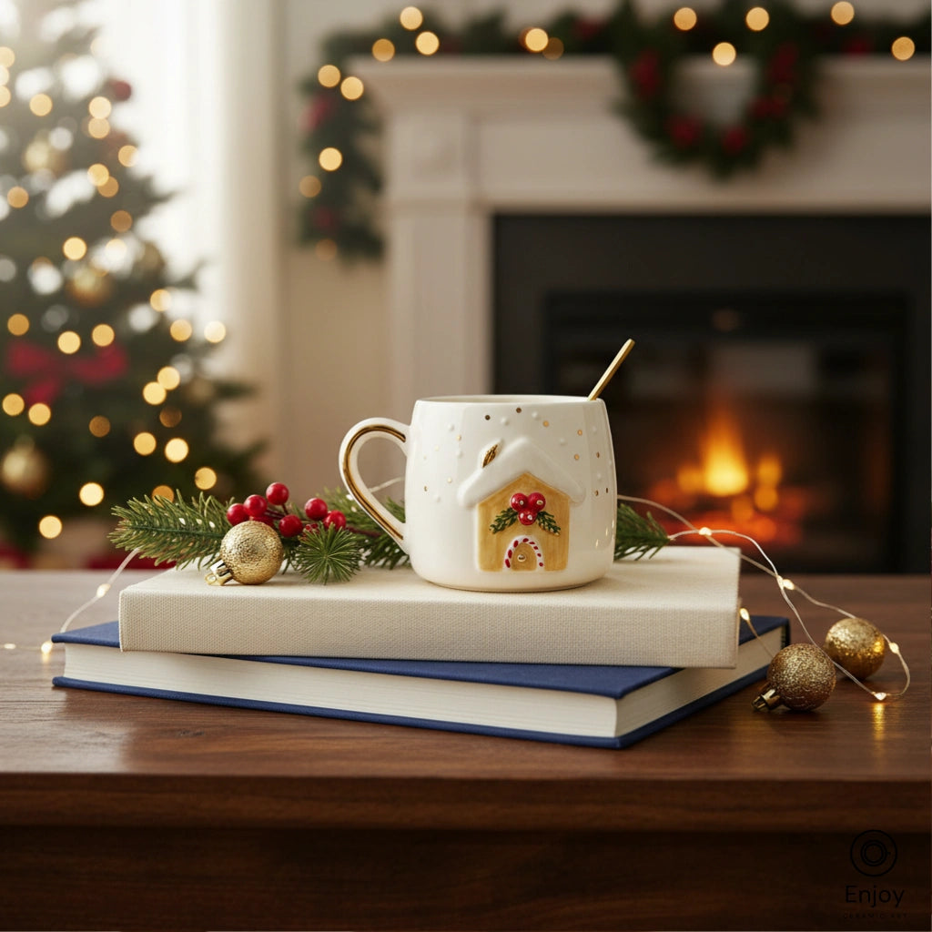 Handmade Gingerbread House Christmas Mug - 10oz with Gold Handle