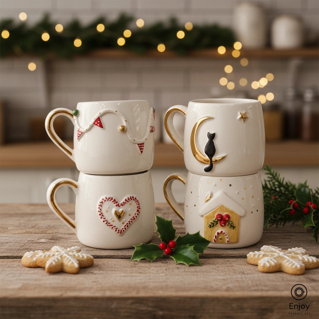 Handmade Holiday Mug Set (4-Piece, 10oz) – Festive Lights, Heart, Cat on Moon & Gingerbread House Mugs with Gold Accents