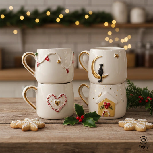 Handmade Holiday Mug Set (4-Piece, 10oz) – Festive Lights, Heart, Cat on Moon & Gingerbread House Mugs with Gold Accents
