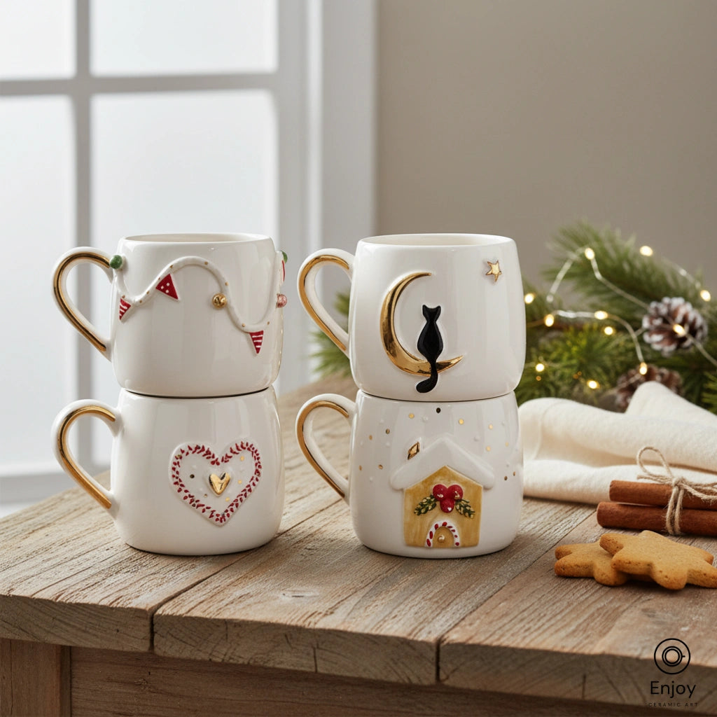 Handmade Holiday Mug Set (4-Piece, 10oz) – Festive Lights, Heart, Cat on Moon & Gingerbread House Mugs with Gold Accents