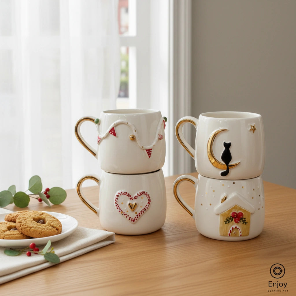 Handmade Holiday Mug Set (4-Piece, 10oz) – Festive Lights, Heart, Cat on Moon & Gingerbread House Mugs with Gold Accents