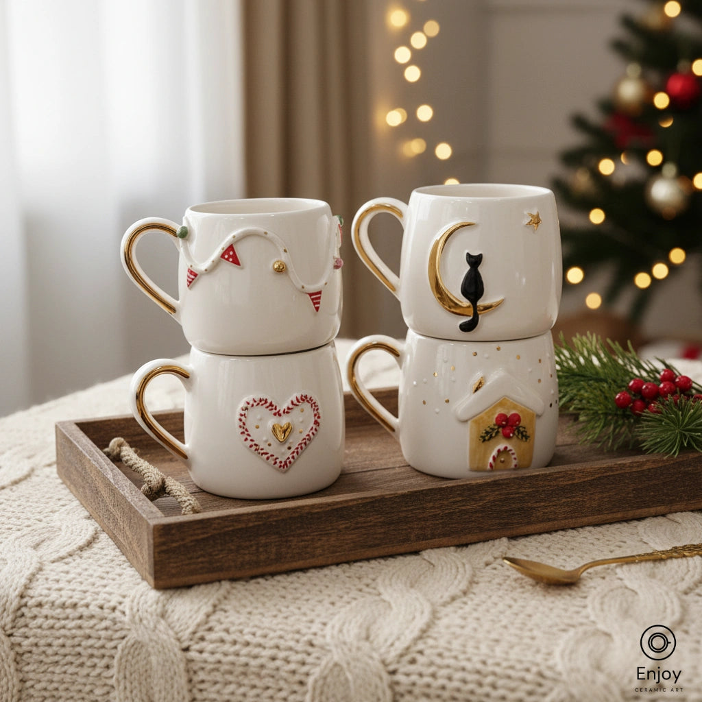 Handmade Holiday Mug Set (4-Piece, 10oz) – Festive Lights, Heart, Cat on Moon & Gingerbread House Mugs with Gold Accents