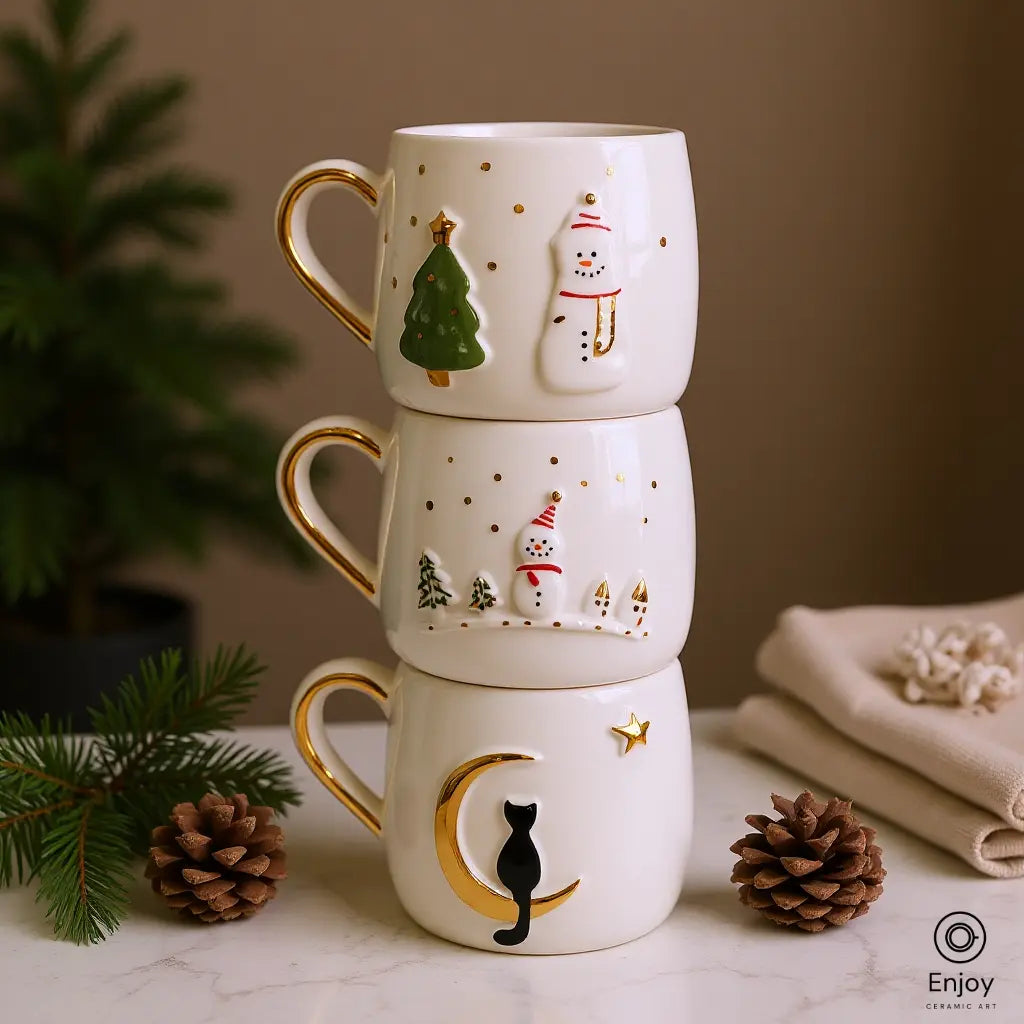 Handmade Holiday Mug Set – Christmas Tree, Snowman & Moon Cat (10oz, Set of 3)