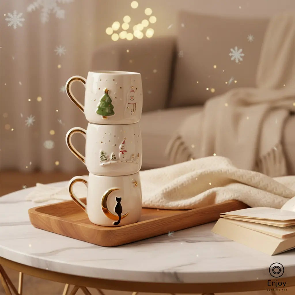 Handmade Holiday Mug Set – Christmas Tree, Snowman & Moon Cat (10oz, Set of 3)