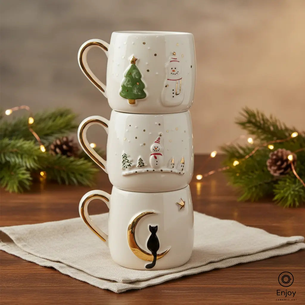 Handmade Holiday Mug Set – Christmas Tree, Snowman & Moon Cat (10oz, Set of 3)