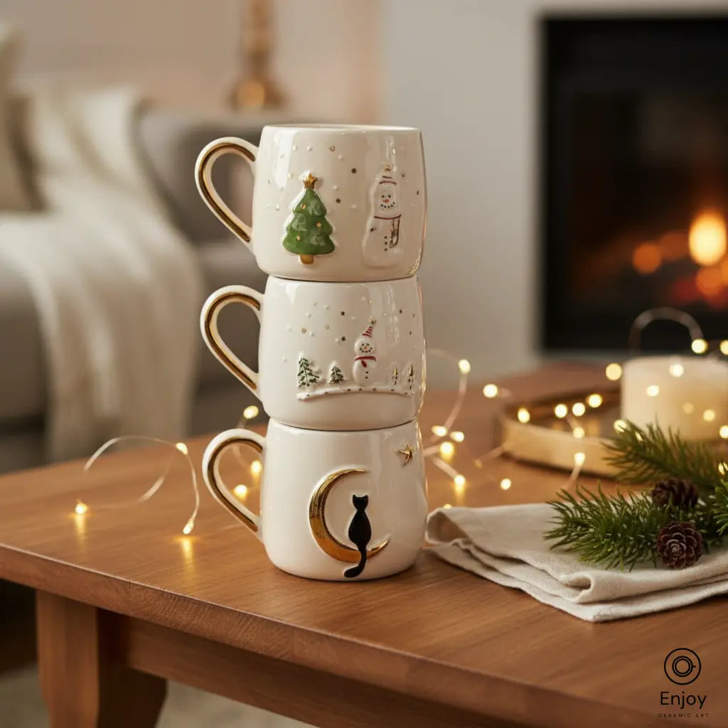Handmade Holiday Mug Set – Christmas Tree, Snowman & Moon Cat (10oz, Set of 3)