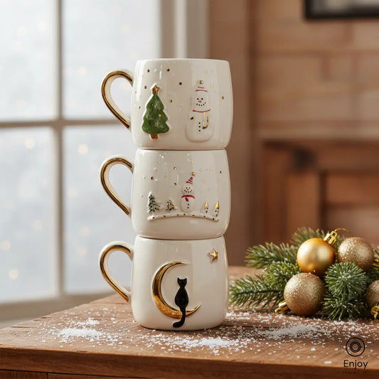 Handmade Holiday Mug Set – Christmas Tree, Snowman & Moon Cat (10oz, Set of 3)