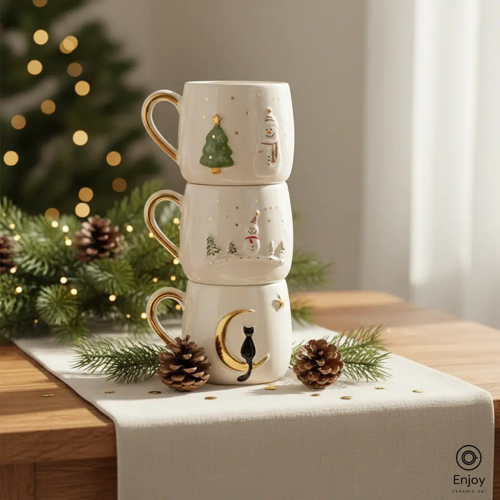 Handmade Holiday Mug Set – Christmas Tree, Snowman & Moon Cat (10oz, Set of 3)
