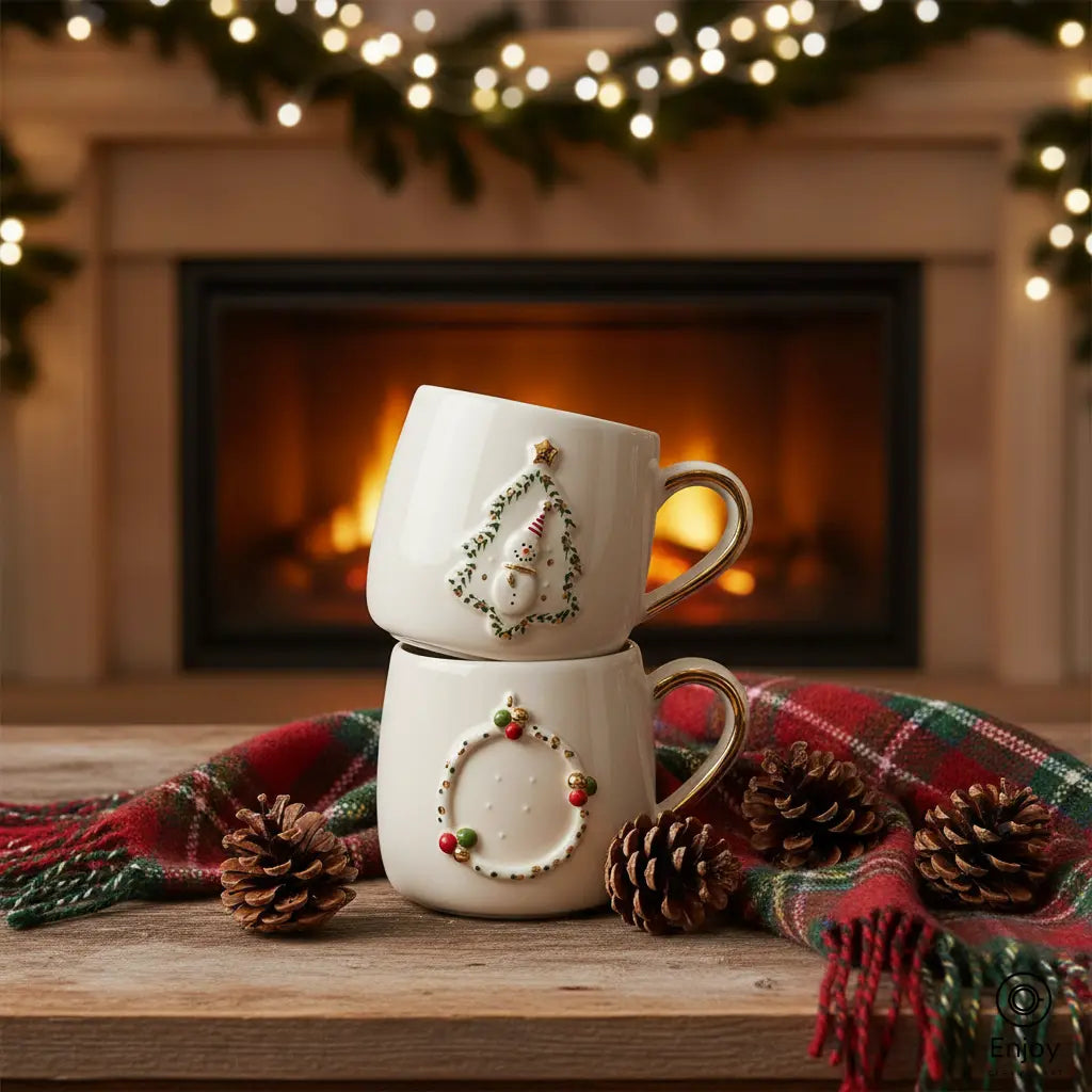 Handmade Holiday Mug Set – Snowman Tree & Christmas Wreath Designs (10oz, Set of 2)