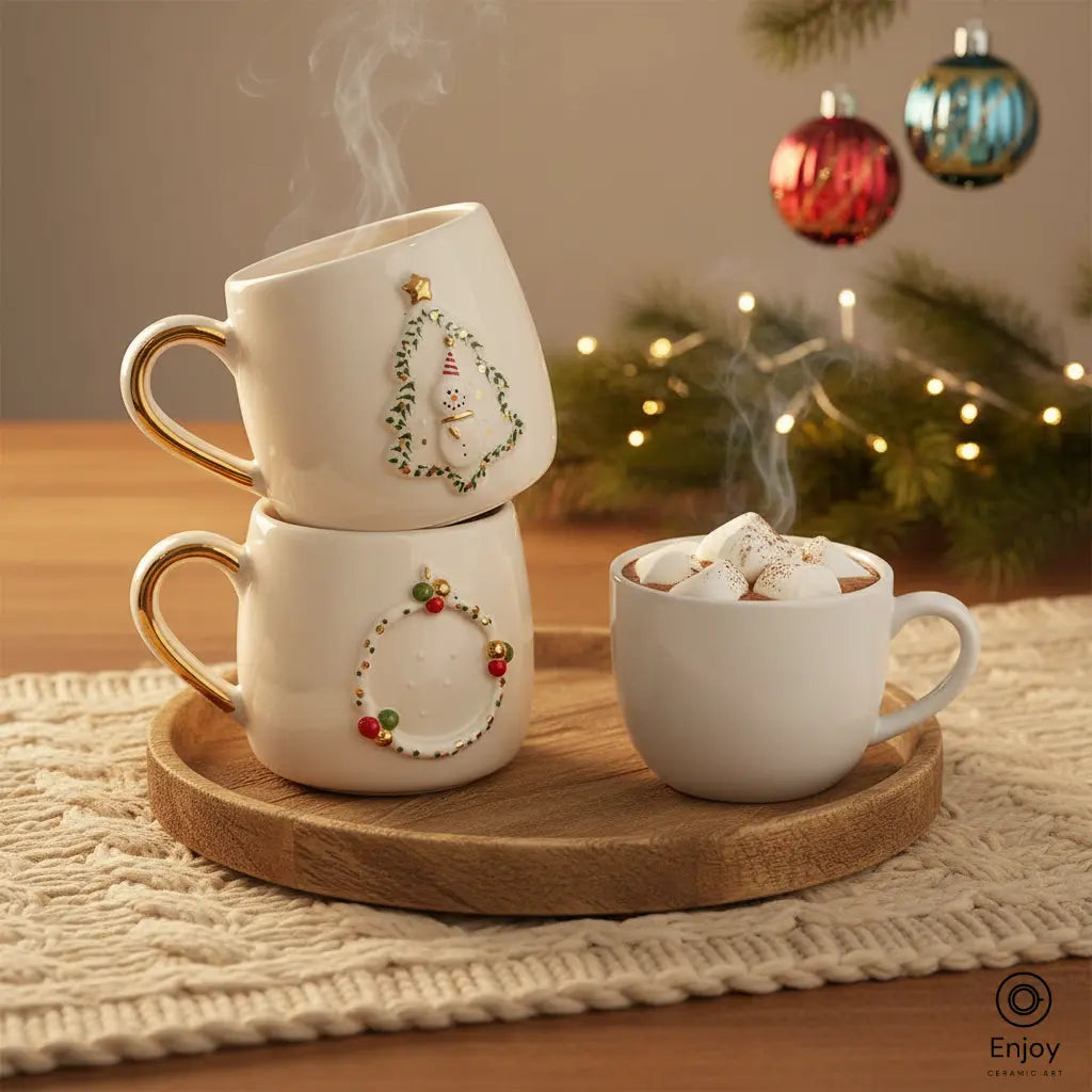 Handmade Holiday Mug Set – Snowman Tree & Christmas Wreath Designs (10oz, Set of 2)