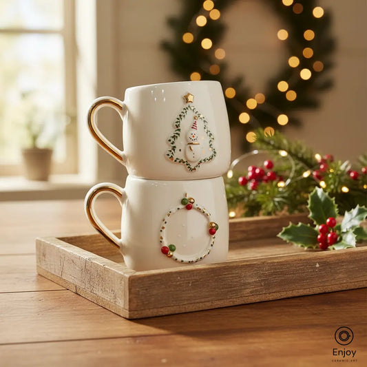 Handmade Holiday Mug Set – Snowman Tree & Christmas Wreath Designs (10oz, Set of 2)