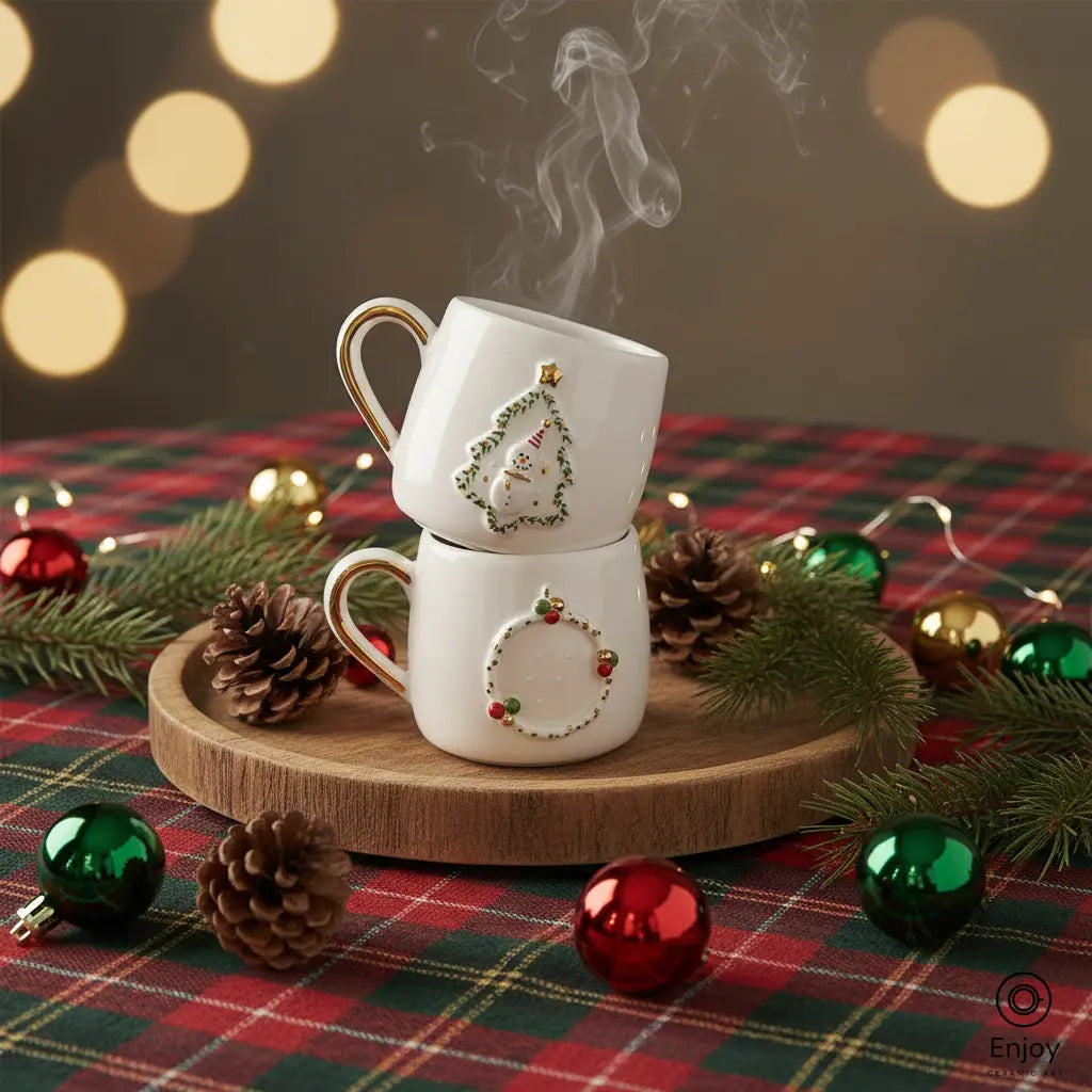 Handmade Holiday Mug Set – Snowman Tree & Christmas Wreath Designs (10oz, Set of 2)